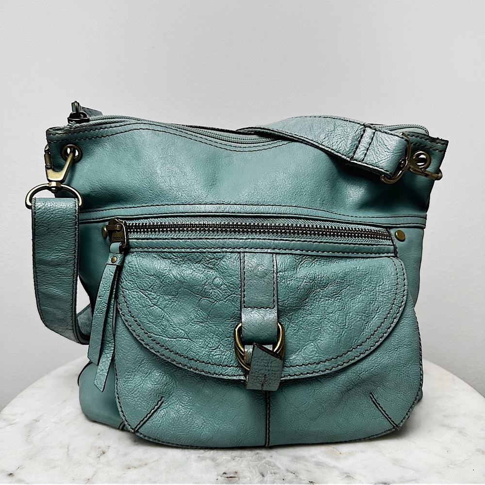 Fossil Vintage Sasha Turquoise Leather Crossbody Bag Zipper